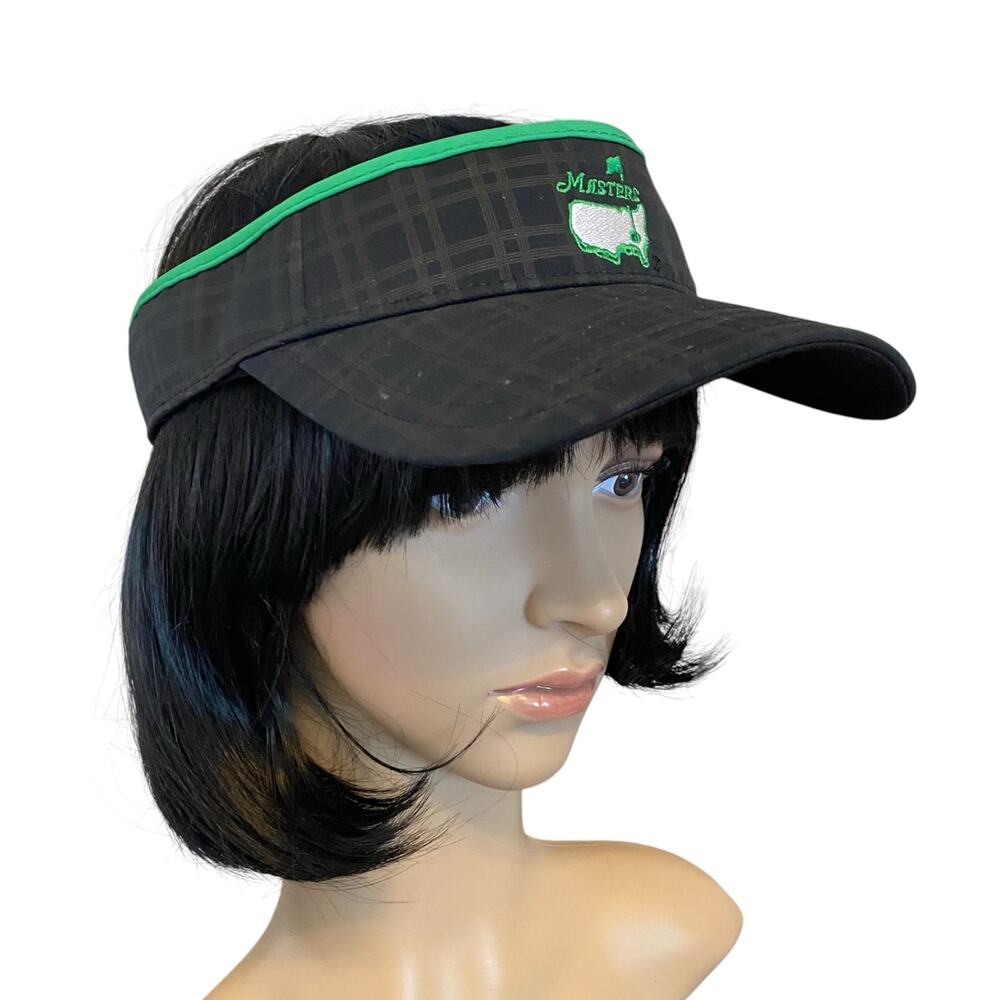 Masters Golf American Needle Adjustable Strap Black Plaid Visor Hat Green Trim